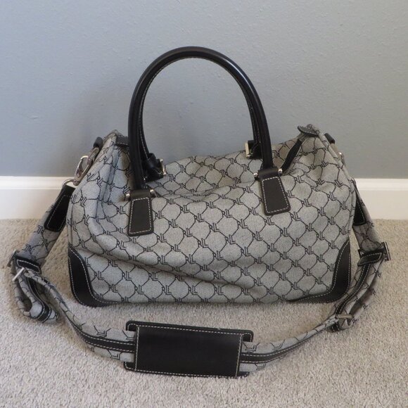 Vintage Ralph Lauren Signature Gray & Black Leather Trim Duffle Carry On Bag - Picture 3 of 9